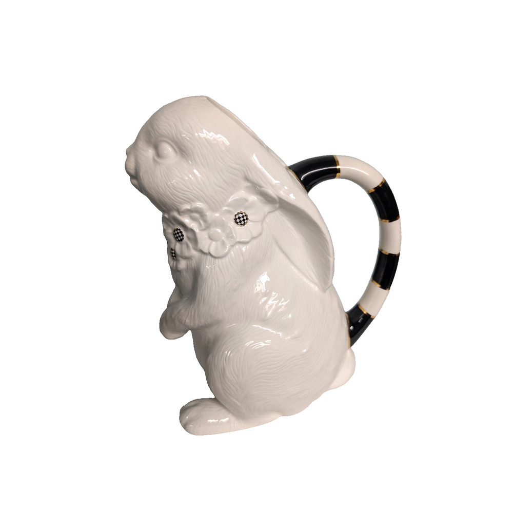 Mackenzie-Childs White Rabbit Ceramic Pitcher w Flaw Flower Courtly Check Accent